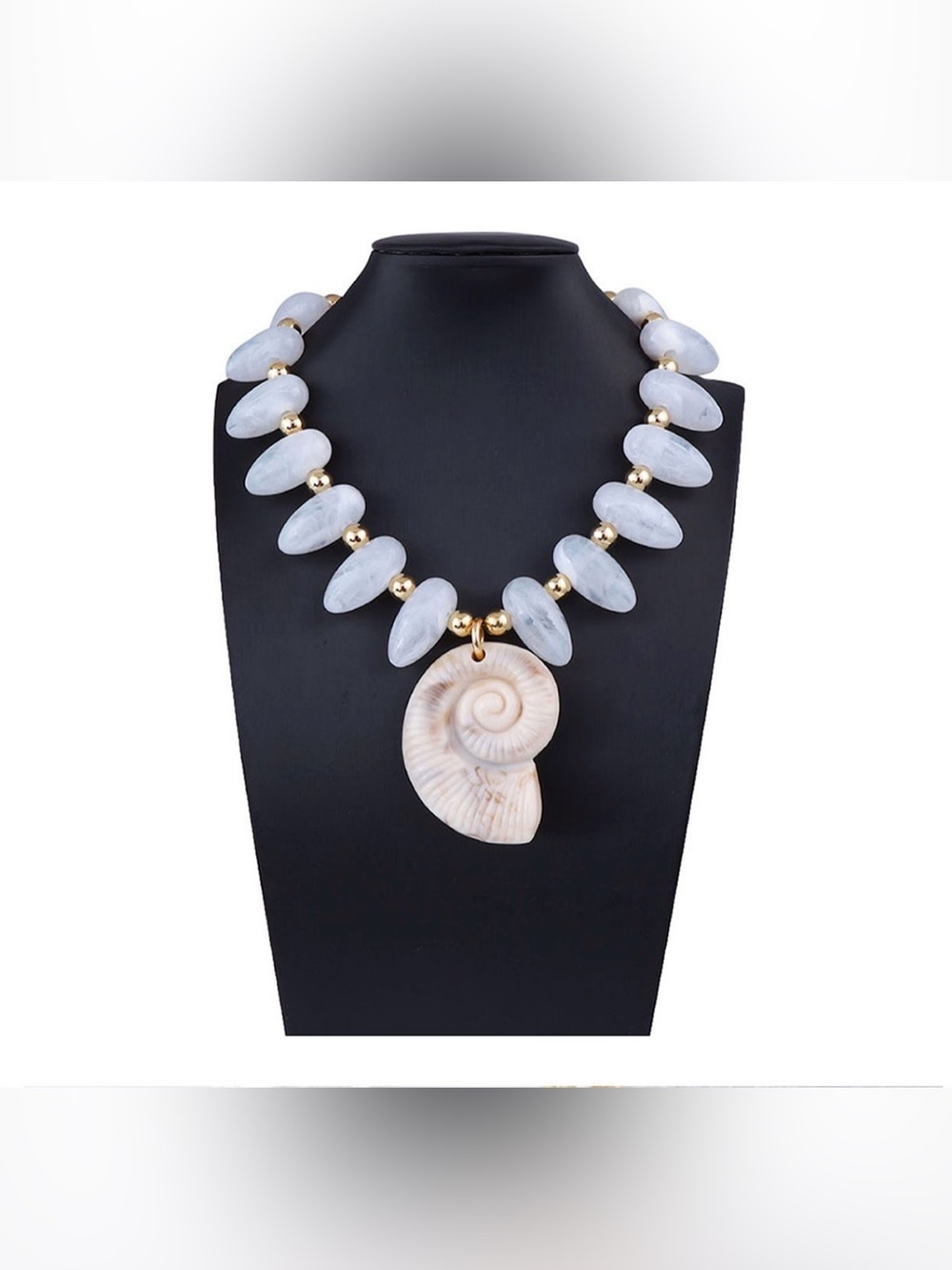 A Classy Chic Boutique White Shell Spiral Pendant Necklace with Gold Beads